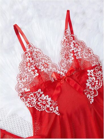 OYOANGLE Women's 2 Piece Babydoll Outfits Lace Sheer Bowknot Chemise Nightgown with Thongs in Saudi Arabia