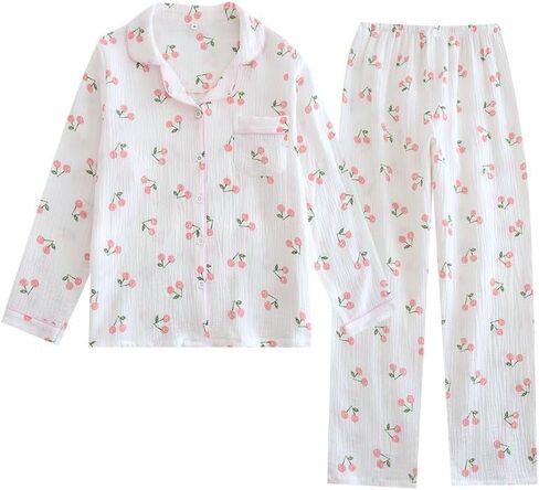 Womens Cotton Gauze Pajama Set Floral Print 2 Piece Pjs Long Sleeve Button Down Sleepwear Cute Pj Sets in Saudi Arabia