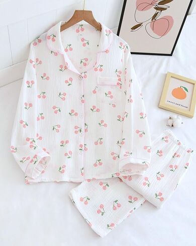 Womens Cotton Gauze Pajama Set Floral Print 2 Piece Pjs Long Sleeve Button Down Sleepwear Cute Pj Sets in Saudi Arabia