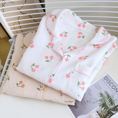 Womens Cotton Gauze Pajama Set Floral Print 2 Piece Pjs Long Sleeve Button Down Sleepwear Cute Pj Sets in Saudi Arabia
