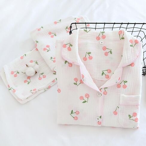 Womens Cotton Gauze Pajama Set Floral Print 2 Piece Pjs Long Sleeve Button Down Sleepwear Cute Pj Sets in Saudi Arabia