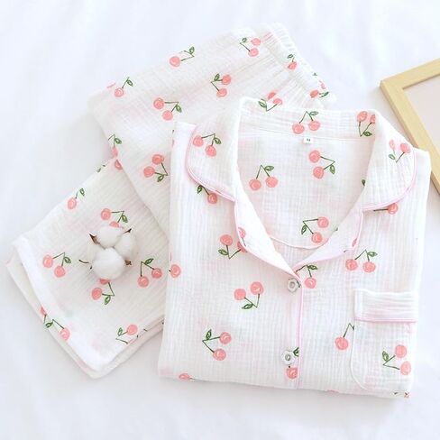 Womens Cotton Gauze Pajama Set Floral Print 2 Piece Pjs Long Sleeve Button Down Sleepwear Cute Pj Sets in Saudi Arabia