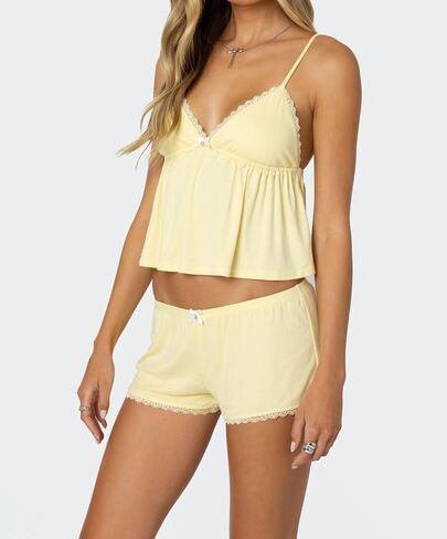 SOLILOQUY Women Y2K Pajamas Set Coquette Sleeveless Lace Trim Babydoll Cami Tank Top and Shorts Cute Pj Lounge Set Sleepwear in Kuwait