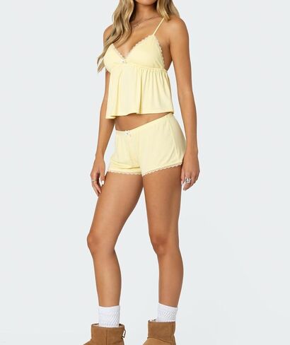 SOLILOQUY Women Y2K Pajamas Set Coquette Sleeveless Lace Trim Babydoll Cami Tank Top and Shorts Cute Pj Lounge Set Sleepwear in Kuwait