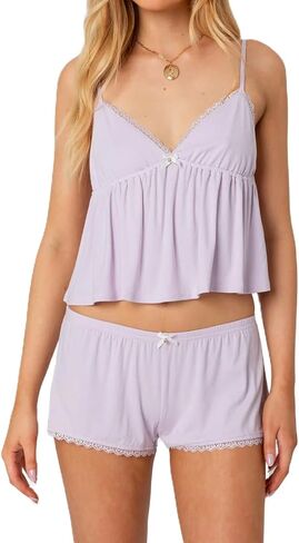 SOLILOQUY Women Y2K Pajamas Set Coquette Sleeveless Lace Trim Babydoll Cami Tank Top and Shorts Cute Pj Lounge Set Sleepwear in Kuwait