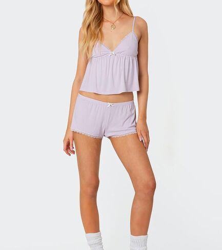 SOLILOQUY Women Y2K Pajamas Set Coquette Sleeveless Lace Trim Babydoll Cami Tank Top and Shorts Cute Pj Lounge Set Sleepwear in Kuwait