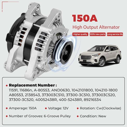 مولد كهربائي 12 فولت 150 أمبير متوافق مع كيا سيدونا/كادينزا/سورينتو/K900 2011-2018 3.3/3.5/3.8L، لسيارة Genesis Azera 2012-2017، لسيارة Hyundai Santa Fe/XL 2013-2018 3.3L، استبدال المولد 11591/11686N in Kuwait