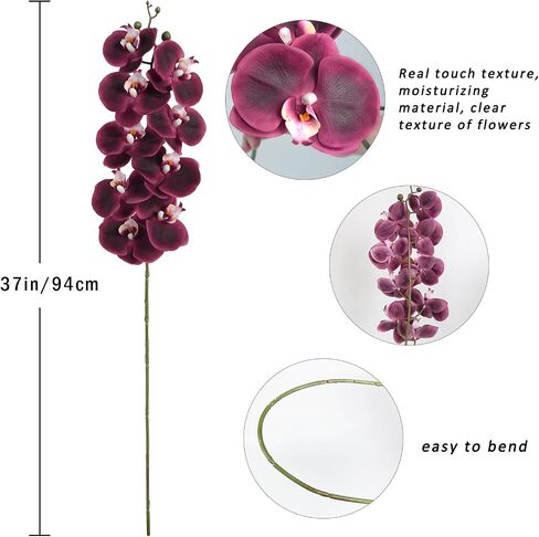 IPOPU 4 pcs 37 in Orchids Artificial Flowers Fake Orchid Latex Silk Real Touch Fake Flowers Long Stem Artificial Flowers for Tall Vase for Wedding Home Party Décor(Burgundy) in Saudi Arabia