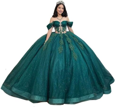 Mouccy Glitter Lace Quinceanera Dresses Beaded Off Shoulder Sweet 16 Dresses with Train Pearly XV Dresses for Quinceanera in Saudi Arabia