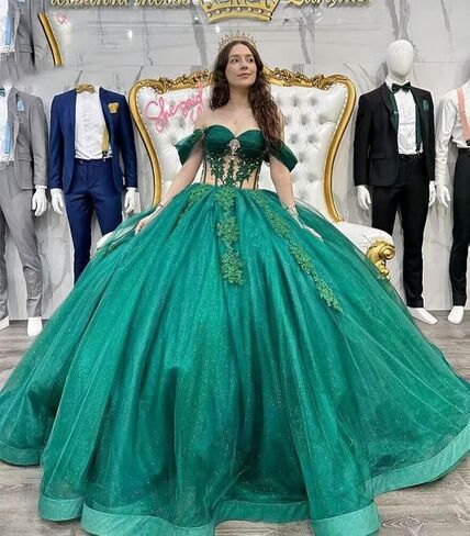 Mouccy Glitter Lace Quinceanera Dresses Beaded Off Shoulder Sweet 16 Dresses with Train Pearly XV Dresses for Quinceanera in Saudi Arabia