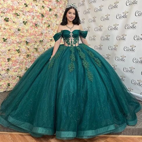 Mouccy Glitter Lace Quinceanera Dresses Beaded Off Shoulder Sweet 16 Dresses with Train Pearly XV Dresses for Quinceanera in Saudi Arabia