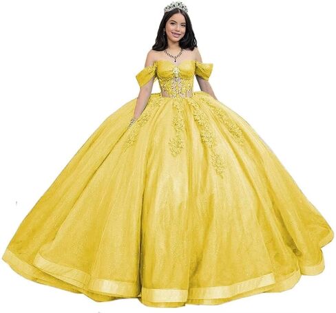 Mouccy Glitter Lace Quinceanera Dresses Beaded Off Shoulder Sweet 16 Dresses with Train Pearly XV Dresses for Quinceanera in Saudi Arabia