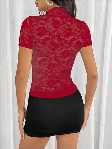 SOLY HUX Women's Lace T Shirt V Neck Short Sleeve Sheer Tee Y2k Crop Tops in Saudi Arabia