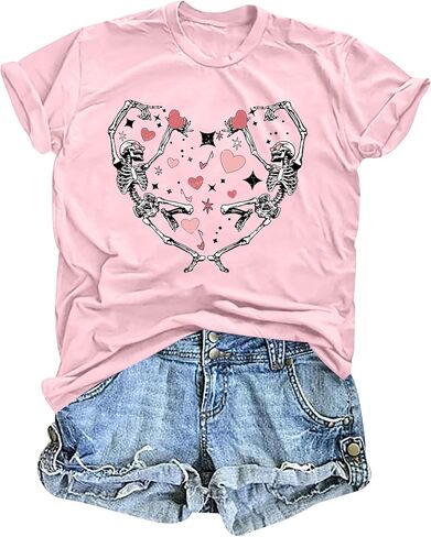 Valentines Day Shirts for Women: Heart Dancing Skeleton Tshirt Funny Heart Printed Tees Casual Valentines Gifts Tops in Saudi Arabia