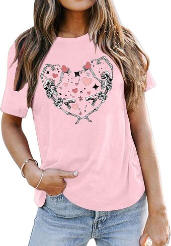 Valentines Day Shirts for Women: Heart Dancing Skeleton Tshirt Funny Heart Printed Tees Casual Valentines Gifts Tops in Saudi Arabia
