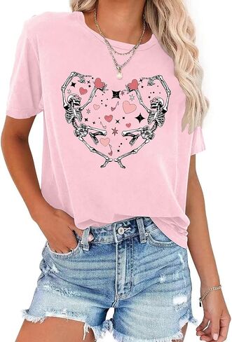 Valentines Day Shirts for Women: Heart Dancing Skeleton Tshirt Funny Heart Printed Tees Casual Valentines Gifts Tops in Saudi Arabia