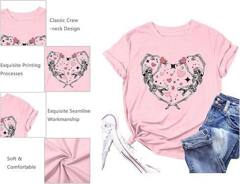 Valentines Day Shirts for Women: Heart Dancing Skeleton Tshirt Funny Heart Printed Tees Casual Valentines Gifts Tops in Saudi Arabia