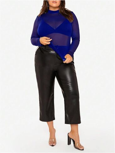 COZYEASE Women's Plus Size Sheer Mesh Tops Mock Neck Long Sleeve Tee Tops Trendy Slim Fit Clubwear in Saudi Arabia