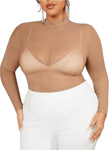COZYEASE Women's Plus Size Sheer Mesh Tops Mock Neck Long Sleeve Tee Tops Trendy Slim Fit Clubwear in Saudi Arabia