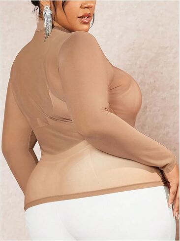 COZYEASE Women's Plus Size Sheer Mesh Tops Mock Neck Long Sleeve Tee Tops Trendy Slim Fit Clubwear in Saudi Arabia