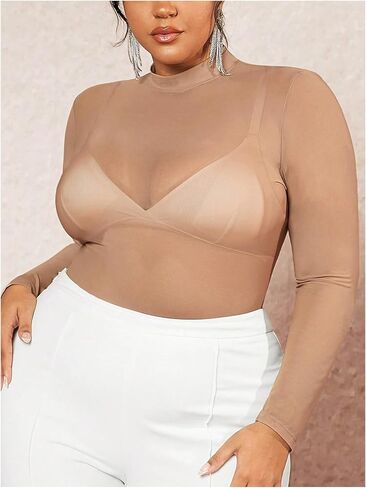 COZYEASE Women's Plus Size Sheer Mesh Tops Mock Neck Long Sleeve Tee Tops Trendy Slim Fit Clubwear in Saudi Arabia