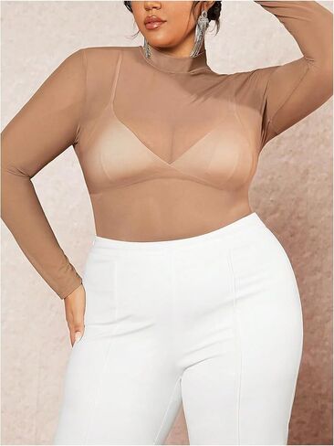 COZYEASE Women's Plus Size Sheer Mesh Tops Mock Neck Long Sleeve Tee Tops Trendy Slim Fit Clubwear in Saudi Arabia