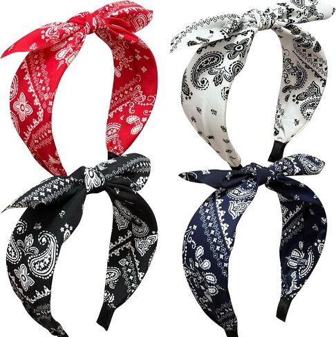 Jseng 4Packs Knotted Headbands for Women, Boho Paisley Pattern Floral Bow Headbands, Cute Bandana Rabbit Ears Headbands Hairband Hair Accessories White, Red, Navy, Black in Saudi Arabia