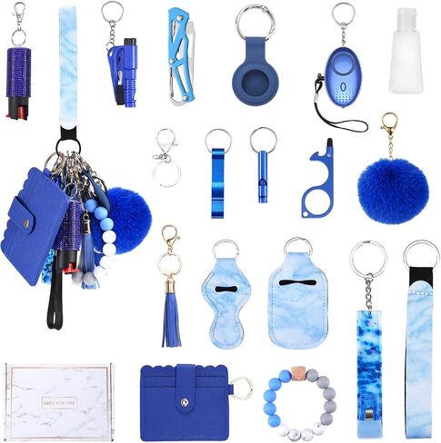 Safety Keychain Set for Women with Personal Alarm, Pom Pom, Whistle, Card Wallet, Bottle Opener, Lipstick Cover in Saudi Arabia