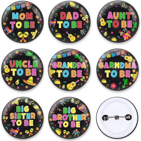 Mexican Fiesta Baby Shower Family Pins, 8Pcs Taco Badges Pin Back Buttons, Mom Dad Uncle Aunt Grandpa Grandma Big Sister Brother to Be Party Favors Accessories, 2.3 Inch in Kuwait