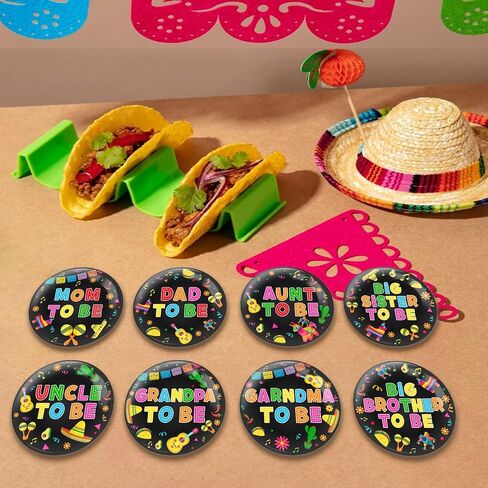 Mexican Fiesta Baby Shower Family Pins, 8Pcs Taco Badges Pin Back Buttons, Mom Dad Uncle Aunt Grandpa Grandma Big Sister Brother to Be Party Favors Accessories, 2.3 Inch in Kuwait