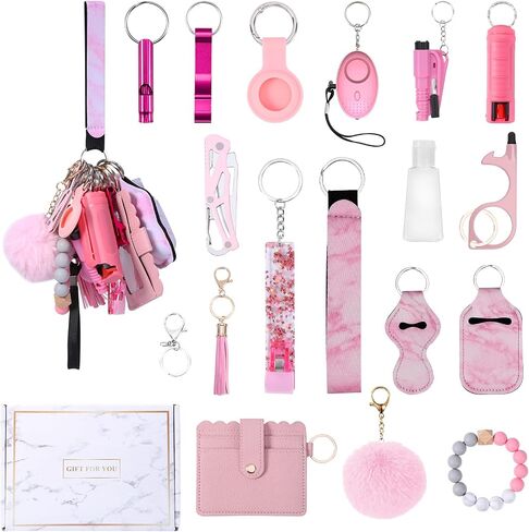 Safety Keychain Set for Women with Personal Alarm, Pom Pom, Whistle, Card Wallet, Bottle Opener, Lipstick Cover in Saudi Arabia