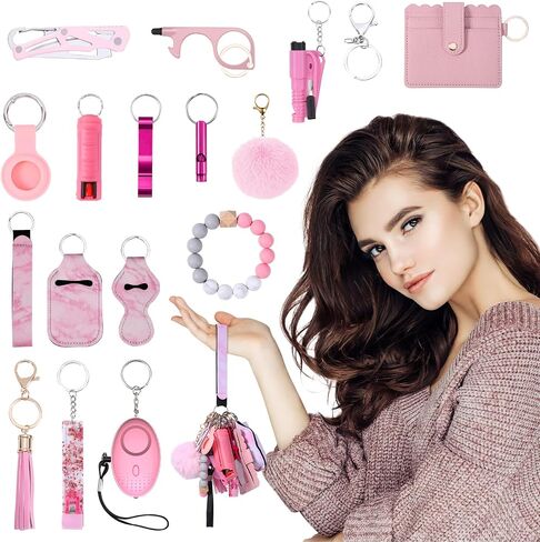 Safety Keychain Set for Women with Personal Alarm, Pom Pom, Whistle, Card Wallet, Bottle Opener, Lipstick Cover in Saudi Arabia