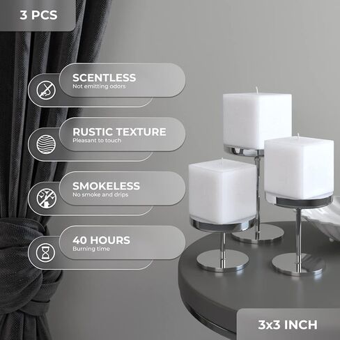 CANDWAX 3x3 Square Candle Set of 3 - Long Lasting Candles Unscented Dripless - Perfect as Home Decor or Wedding Candles - Square Candles White in Saudi Arabia