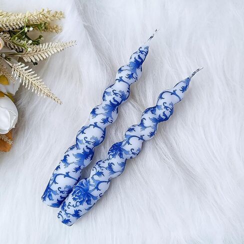 NJAO HOO Floral Taper Candles 7.5 in Spiral Candlesticks Hand Printed Blue and White Candlestick Twisted Taper Candle for Home Garden Decor, 2Pcs in Saudi Arabia