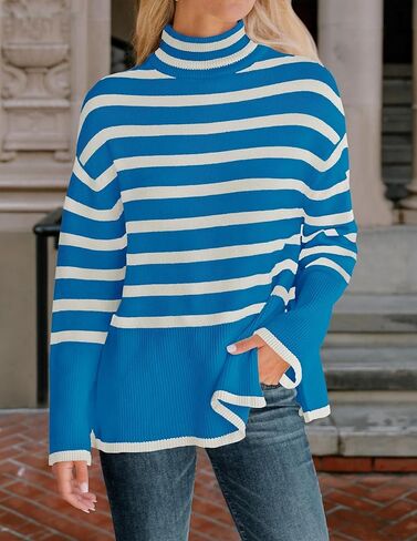 ZESICA Women's Winter Sweaters Casual Turtleneck Long Sleeve Striped Side Slit Loose Pullover Sweater Jumper Tops in Kuwait