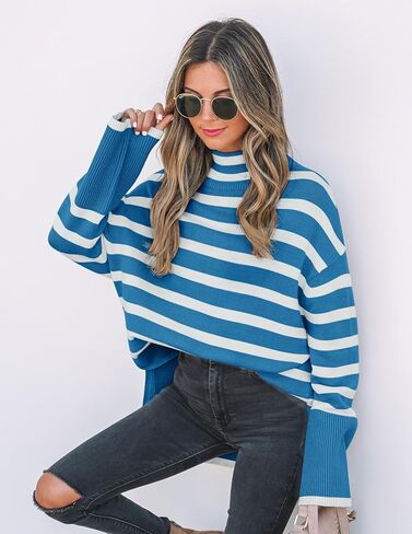 ZESICA Women's Winter Sweaters Casual Turtleneck Long Sleeve Striped Side Slit Loose Pullover Sweater Jumper Tops in Kuwait