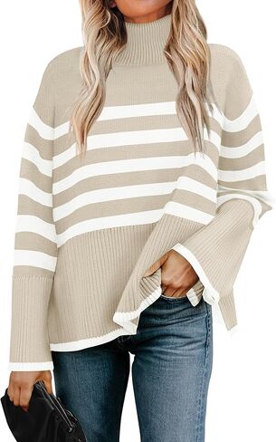 ZESICA Women's Winter Sweaters Casual Turtleneck Long Sleeve Striped Side Slit Loose Pullover Sweater Jumper Tops in Kuwait