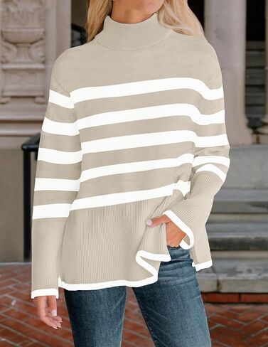ZESICA Women's Winter Sweaters Casual Turtleneck Long Sleeve Striped Side Slit Loose Pullover Sweater Jumper Tops in Kuwait