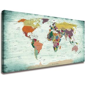 Teal Theme Colorful World Map Wall Art Wood Grain HD Map of The World Canvas Prints Artwork 1 Pieces Stretched and Framed Canvas Pictures for Living Room Office Travel Memory Home Wall Decor 20"x40"