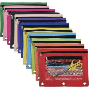PATIKIL 12 Pack Pencil Pouch for 3 Rings Binder, Oxford Cloth Mesh Zipper Binder Pouch Pencil Case Bag Bulk for Office Home, 12 Colors