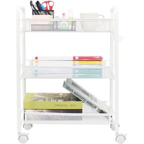 OVICAR Mesh Wire 3 Tier Rolling Cart, Kitchen Storage Utility Cart, Multifunction Basket Stand for Bathroom, Full Metal Storage Art Trolley Carts with Wheels & 4 Side Hooks (Black)