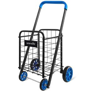 SereneLife Utility Shopping Supermarket Cart, 360 Rolling Swivel Front Wheels, Collapsible Utility Cart, Heavy Duty, Portable, 3.5" D x 19.5" W x 38" H, Large Capacity 110 lbs, Luggage, Laundry, Blue