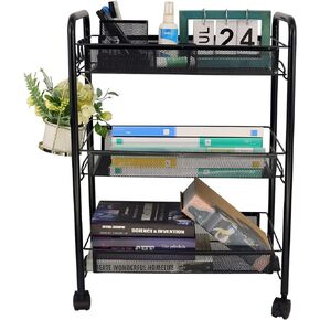 OVICAR Mesh Wire 3 Tier Rolling Cart, Kitchen Storage Utility Cart, Multifunction Basket Stand for Bathroom, Full Metal Storage Art Trolley Carts with Wheels & 4 Side Hooks (Black)