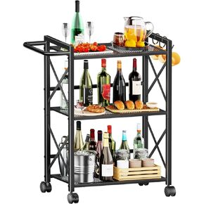 Simple Trending Utility Rolling Cart, 3 Tier Heavy Duty Bar Cart with Handle Shelves, Metal Storage Cart with Wheels for Kitchen, Bar and Laundry Room, Black