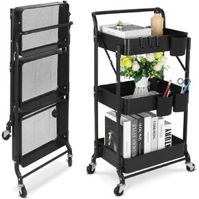 johgee Foldable 3 Tier Metal Utility Rolling Cart, Folding Mobile Multi-Function Storage Trolley Organizer Cart for Home Library Office(Black)