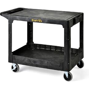 Large Heavy Duty Plastic Utility Cart Flat top 42.5 x 25 Inch - Work Cart Flat Shelves and Full Swivel Wheels Holds up to 550 lbs - 2 Tier Service Cart for Warehouse,Garage, Cleaning Black
