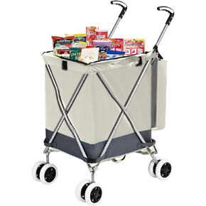 Folding Grocery Shopping Cart Rolling Utility Cart with 360° Double Front Swivel Wheels Waterproof Removable Canvas Bag with Cover for Laundry Grocery, Shopping, Baggage, Picnic (Blue)