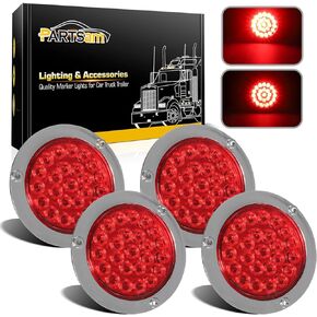 Partsam 4Pcs 4" Round Red LED Stop Turn Tail Lights Brake Trailer Lights 24LED, 4 Inch Round Led Trailer Tail Lights Red Flange Mount Waterproof for RV Trucks 12V DC