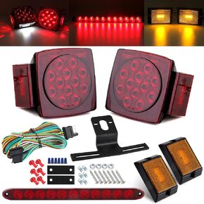 12V LED Trailer Lights Wiring Kit, Square Led Combination Stop Turn Tail w/Amber Trailer Marker Lights Reflex, 16" 3rd Brake Tail Light Bar for Utility Boat Trailer Camper Snowmobile Lights Kit