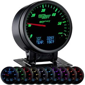 GlowShift 3in1 Analog 60 PSI Boost Gauge Kit with Digital 2200 F Pyrometer Exhaust Gas Temp EGT & 300 F Temperature Readings - 10 Selectable LED Colors - Black Dial - Clear Lens - 2-3/8" 60mm